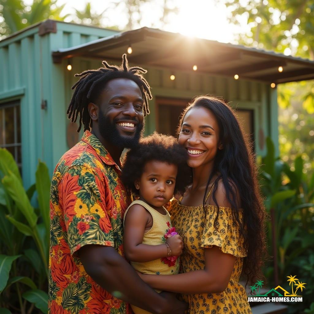 A loving Jamaican couple, beaming with pride, stand before their cozy 20-foot container home, surrounded by a tapestry of lush tropical greenery, with their joyful mixed-race child, a curly-haired boy, smiling brightly beside them. The father, a proud Black man with dreadlocks, wears a vibrant Rastafarian-inspired outfit, while the mother, of Chinese-Jamaican descent, has long, dark hair that cascades down her back. Soft, warm light spills across their faces, illuminating their happiness, as the bright Caribbean sky and vibrant plants in the background seem to reverberate with life. In the style of Roger Deakins, Emmanuel Lubezki, and Rachel Morrison, with a cinematic film still aesthetic, shot on 35mm film, featuring subtle film grain, a gentle vignette, and a rich color grade, post-processed to perfection, evoking an epic, dramatic atmosphere, reminiscent of a live-action masterpiece.