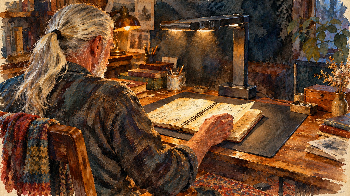 Watercolor and oil illustration of Rick Horowitz, the author, seen from behind with a silver-white ponytail, turning a handwritten journal page beneath a CZUR ET Max scanner in a warmly lit study