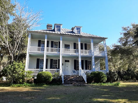 Three photos showing the outside of Hopsewee Plantation, a two story white house with a balcony running the length of the second floor. One of the pictures is taken from the porch and shows trees and the North Santee River.