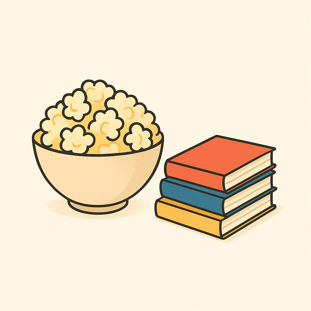 A bowl of popcorn sits beside a small stack of three colorful books.