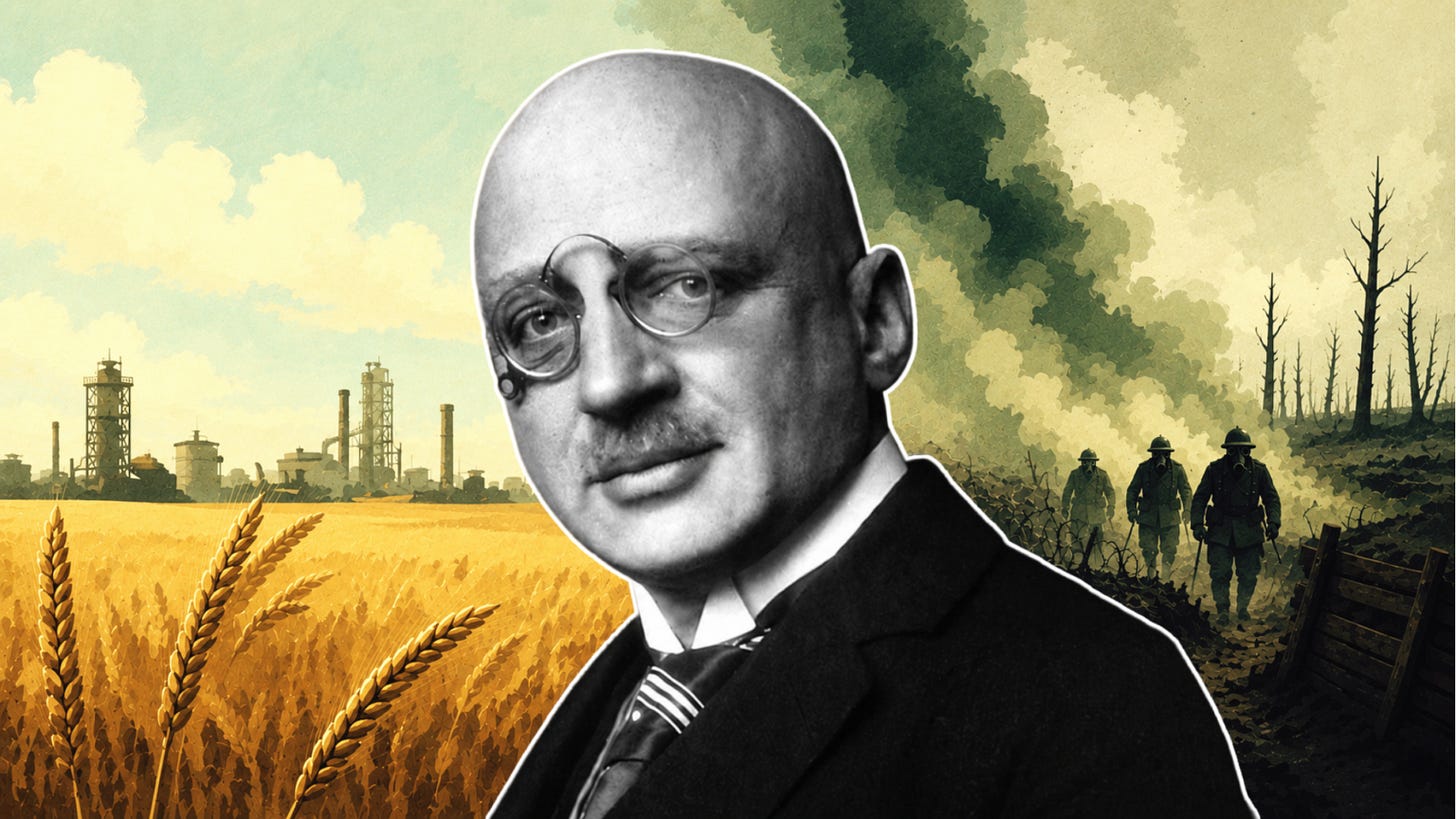 Fritz Haber portrait, split with wheat field and gas trench imagery