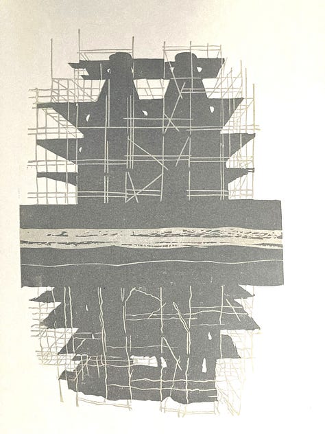 1. warm mid-brown picking out the kiln and platforms. 2. mid grey over the light. 3. magenta over yellow producing bright red. On each there's a stripe through the centre of the wall in front of the kilns, which splits the image vertically in half.