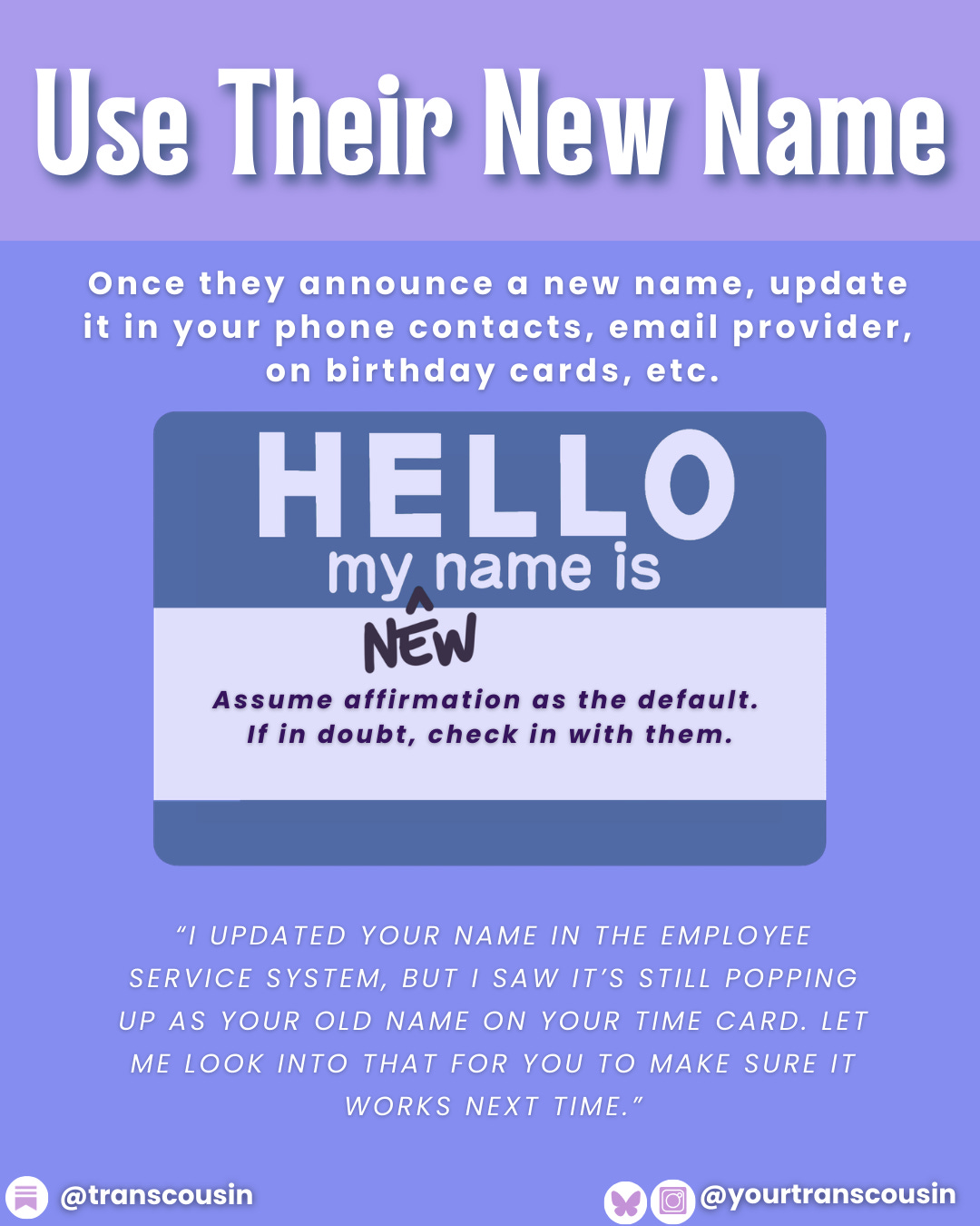 a sticker reads "hello my new name is"; the background is in two shades of purple a sticker reads "hello my new name is"; the background is in two shades of purple