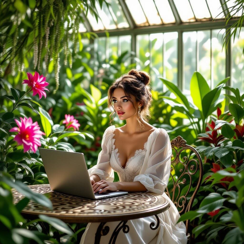 "An exquisite 8K photograph featuring a beautiful young woman surrounded by vibrant flowering plants and exotic greenery...