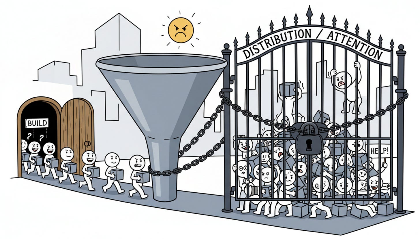 An obstacle course where ‘Build’ is an open door, but ‘Distribution/Attention’ is a locked gate causing a pile-up of finished products