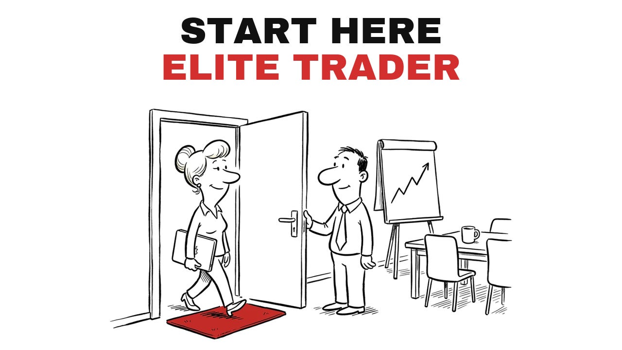 Cartoon: the mentor holds the office door open and a new trader walks in over a red doormat, titled Start Here, Elite Trader. Cartoon: the mentor holds the office door open and a new trader walks in over a red doormat, titled Start Here, Elite Trader.