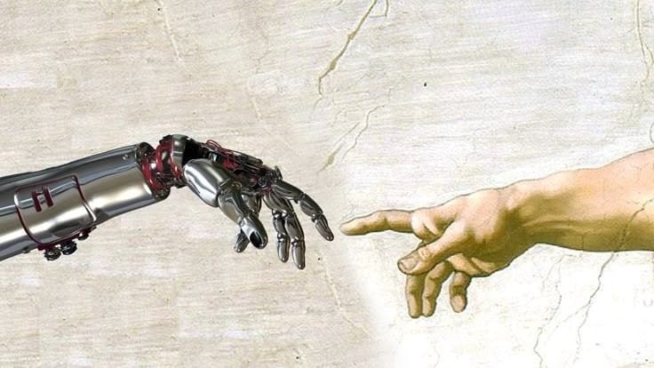 This may contain: a painting of a hand reaching out to a robot that is touching it's finger This may contain: a painting of a hand reaching out to a robot that is touching it's finger