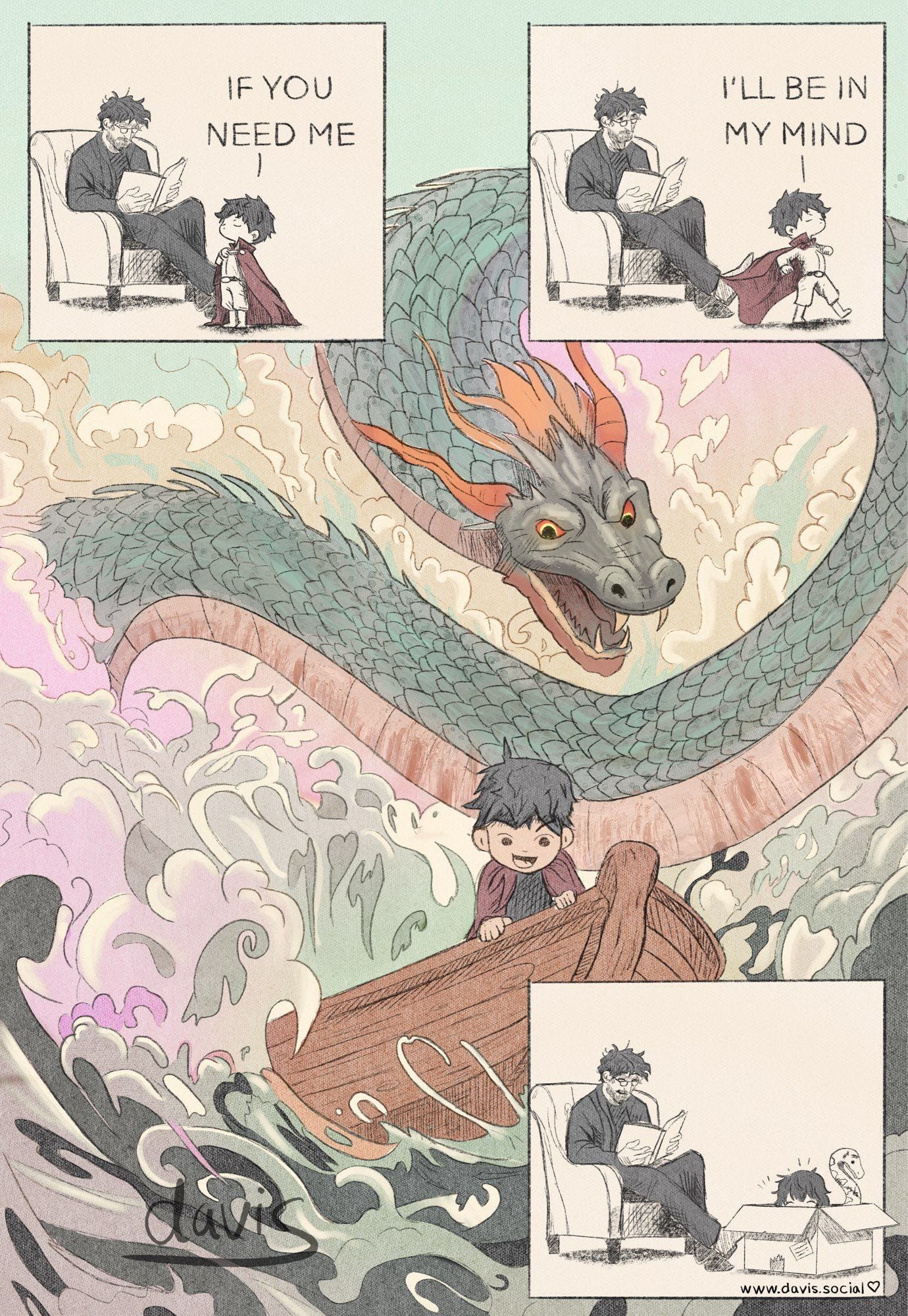 A cartoon made by a Nile Gaiman fan involving a kid, his dad and a dragon.