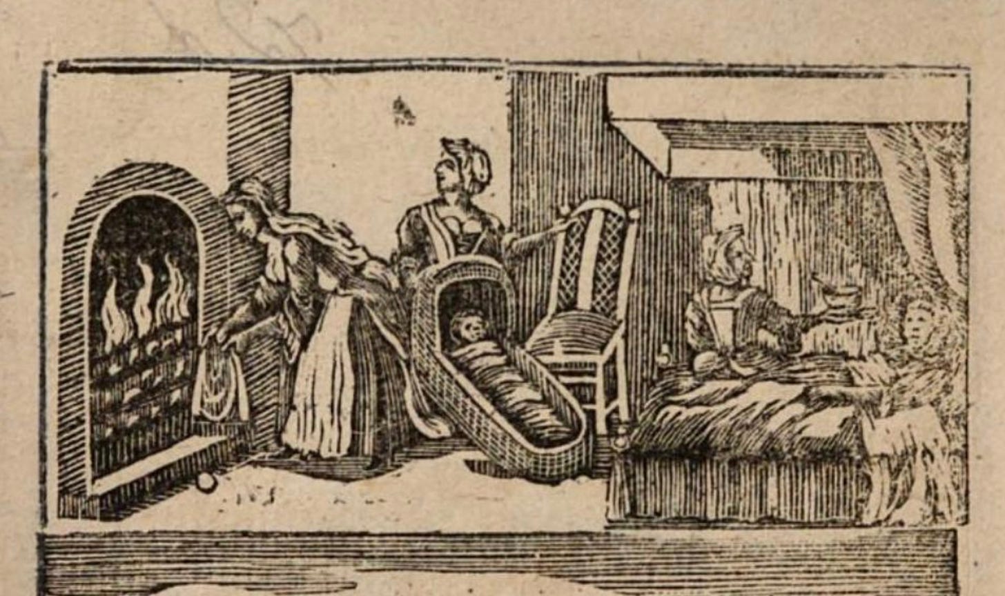 An 18th-century woodcut illustration showing a baby swaddled in a cradle and its mother in bed, being offered a bowl of food by a woman who sits at the side of the bed. Two other women are in the room - one standing behind the cradle and the other drying a piece of material at the large fireplace.