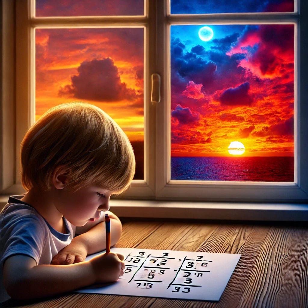 A young child sitting at a desk, deeply focused on solving a math equation on a piece of paper. However, outside the window behind them, a vivid, colorful sunset is unfolding, and they seem completely unaware of it. The contrast highlights a shift toward abstract thinking at the expense of holistic awareness.