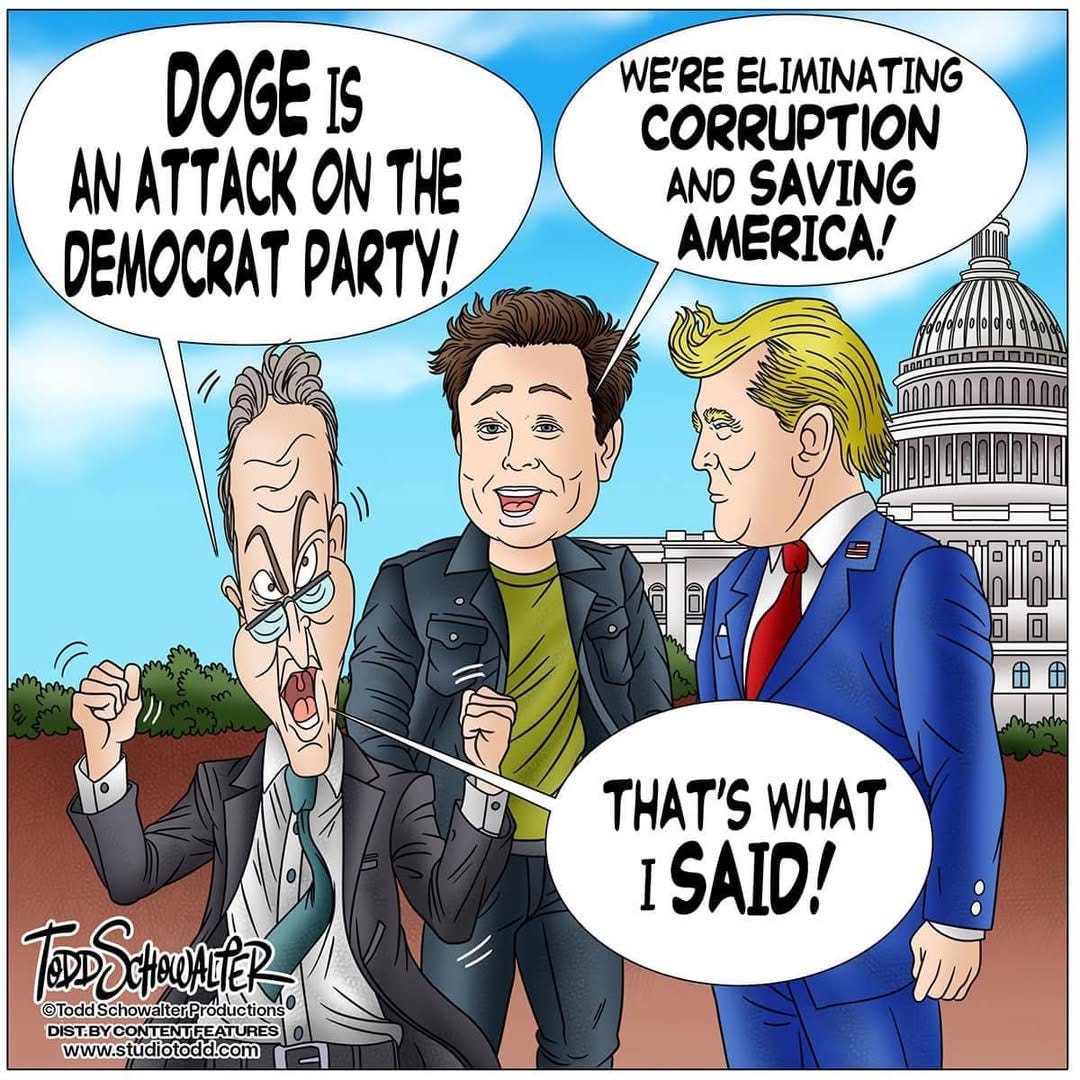 May be a doodle of the Oval Office and text that says 'DOGE IS AN ATTACK ON THE DEMOCRAT PARTY! WE'RE ELIMINATING CORRUPTION AND SAVING AMERICA! THAT'S THAT'SWHAT WHAT I ISAID! 極心 TSHOATER @ToddSchowalterPrductions Productions ©Todd Schowa IterP NTFFE ATURES www.studiotodd.com'