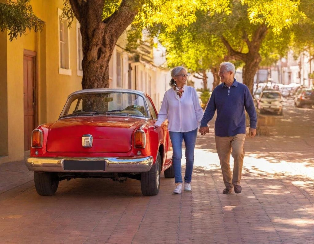 An elderly Latino man and woman hold hands as they walk past a small red car parked on a sunny, tree-lined street with a warm, golden glow. 