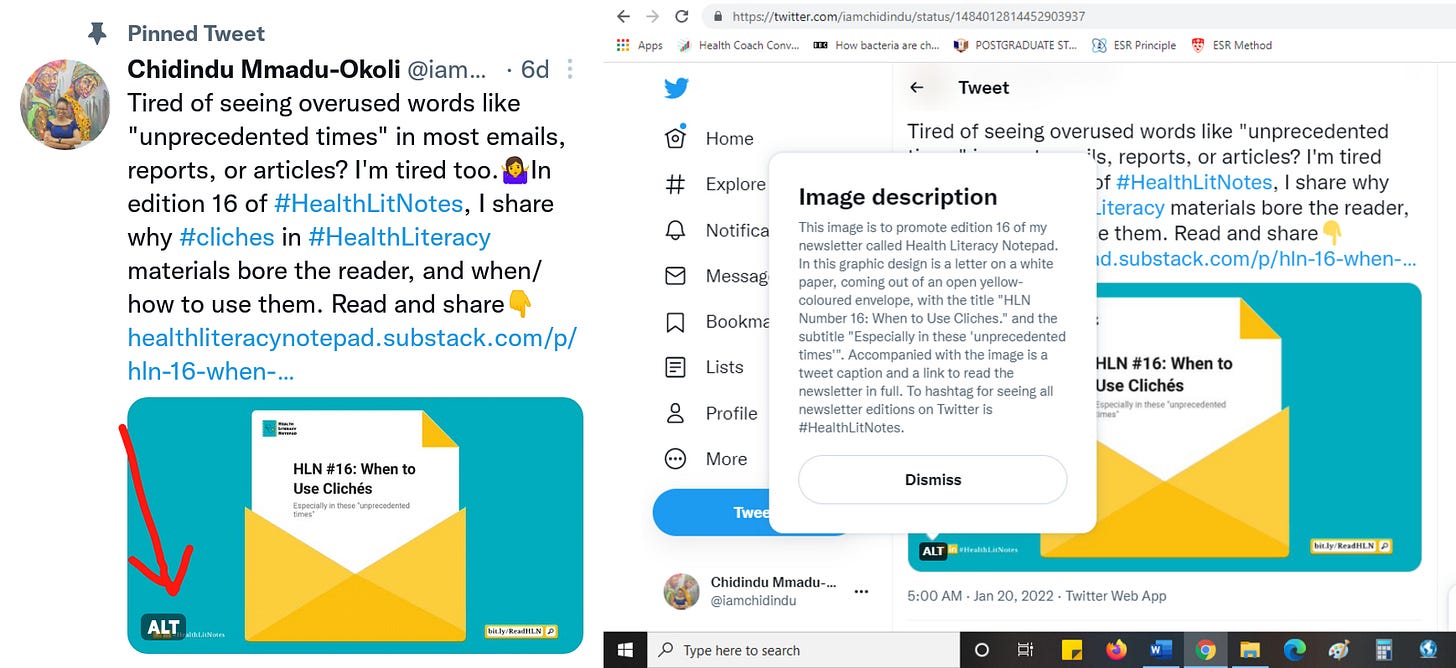 Screenshot illustration on how an alt-text appears when used in an image on a published tweet