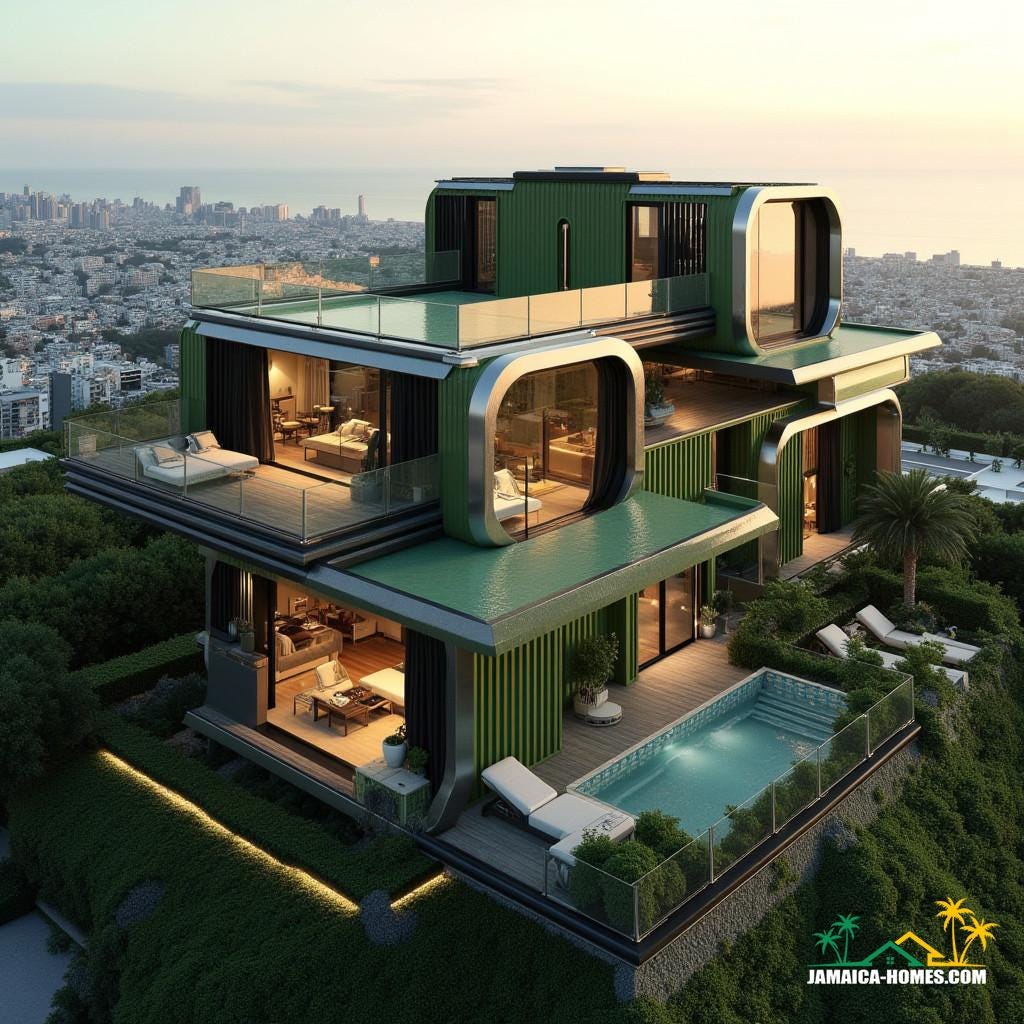 A luxurious, high-tech container module mansion with industrial chic and modern elegance, comprising four interconnected modules, spacious living area with protruding glass bay windows