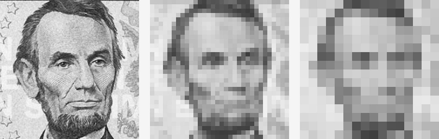 Leon Harmon's pixelated Abraham Lincoln from a five-dollar bill at 32 and 16 squares Leon Harmon's pixelated Abraham Lincoln from a five-dollar bill at 32 and 16 squares