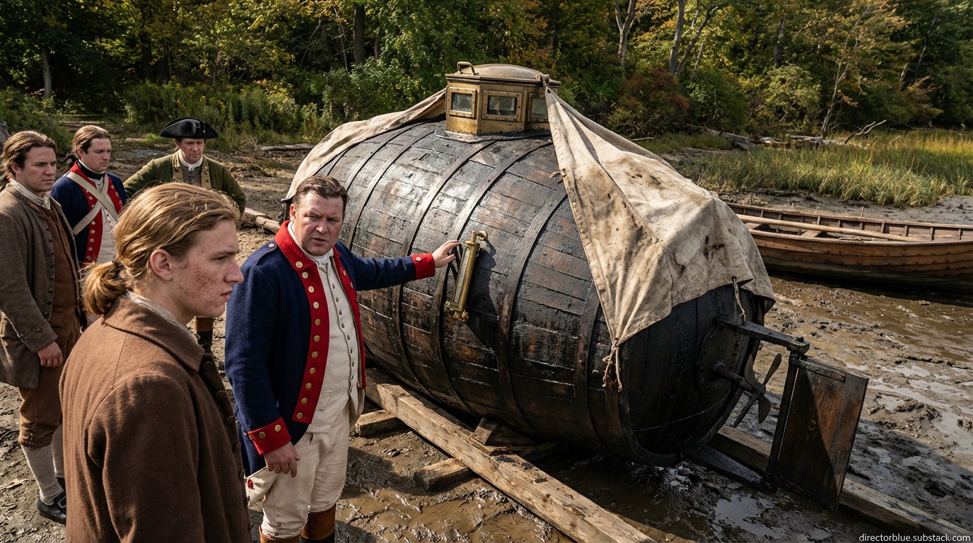 169 photorealistic photograph mid-morning harsh sunlight September 1776 Secluded Hudson River cove muddy shoreline with marsh grass Center the American Turtle submarine 75 feet tall 6 feet wide constructed of curved oak barrel staves bound w_image_1