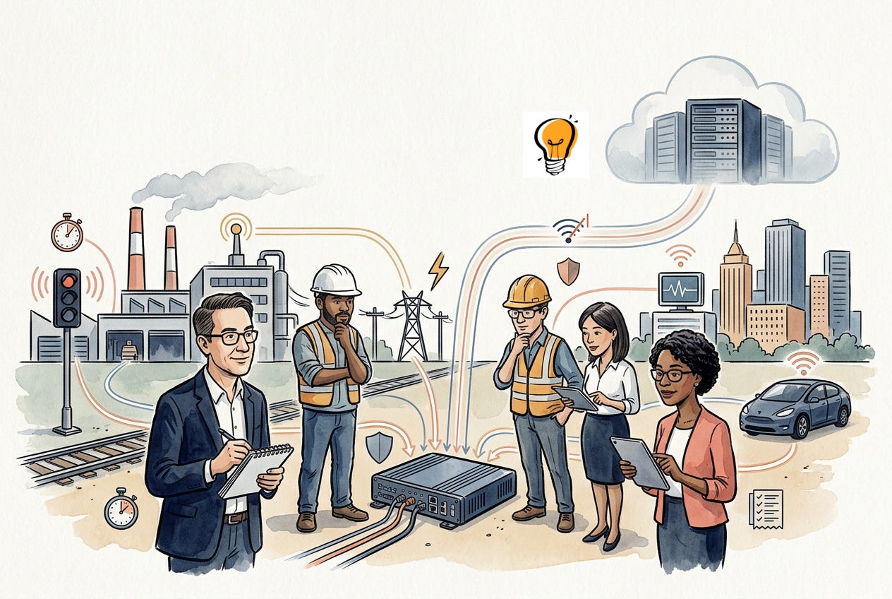 Watercolour editorial illustration of founders and engineers weighing edge AI against centralised cloud computing.