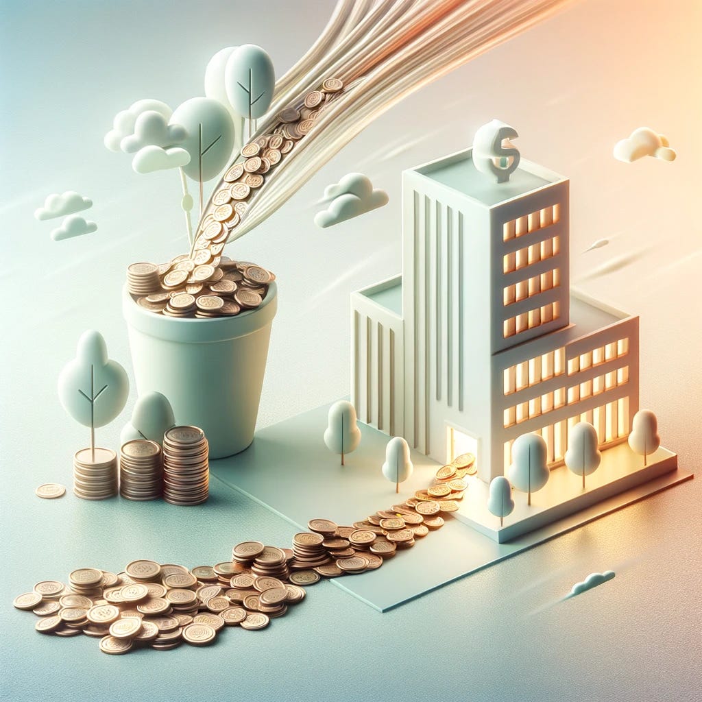 Create a visually appealing and soothing image that symbolizes funding for startups, with a focus on depicting a flow of coins or notes leading into a modern building to represent a company. The building should be a minimalist and stylized representation of a corporate structure, illustrating the growth and development of a startup through financial investments. Use soft, calming colors and a minimalist design to convey the concept of startup funding in an aesthetic and easy-on-the-eyes manner.