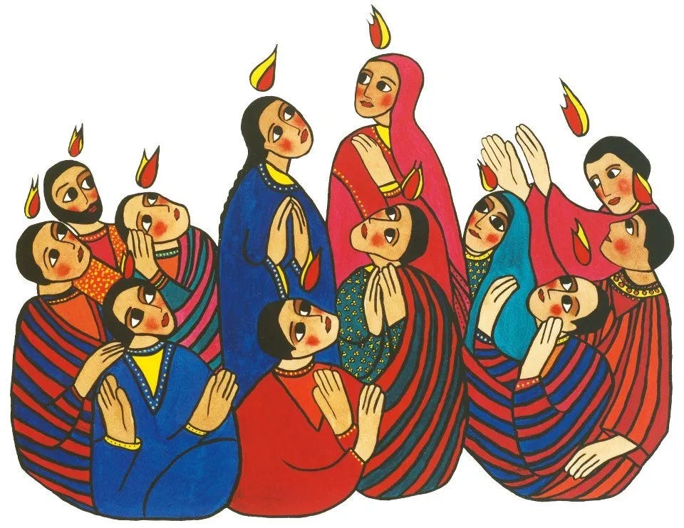 Drawing of the disciples with light brown skin and dark hair, holding on to each other as they gaze upward and the flames over their heads. The two Marys stand in the center of the group Drawing of the disciples with light brown skin and dark hair, holding on to each other as they gaze upward and the flames over their heads. The two Marys stand in the center of the group