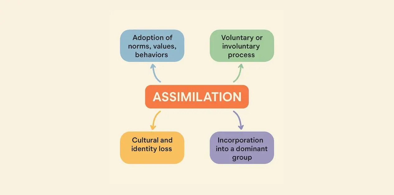 Diagram of “assimilation” with arrows to four ideas: adoption of norms and values, voluntary or involuntary process, cultural and identity loss, and incorporation into a dominant group. Mexican American immigrants