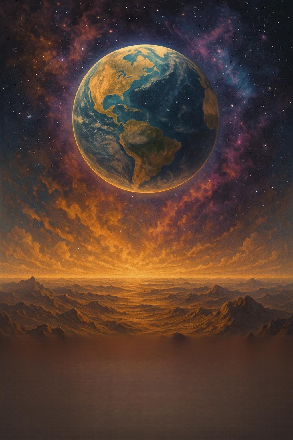 A symbolic representation of 'world without end': a vast cosmic landscape stretching infinitely, with galaxies spiraling into the horizon, a radiant Earth floating peacefully in the foreground, surrounded by ethereal light and celestial patterns suggesting eternity and divine presence