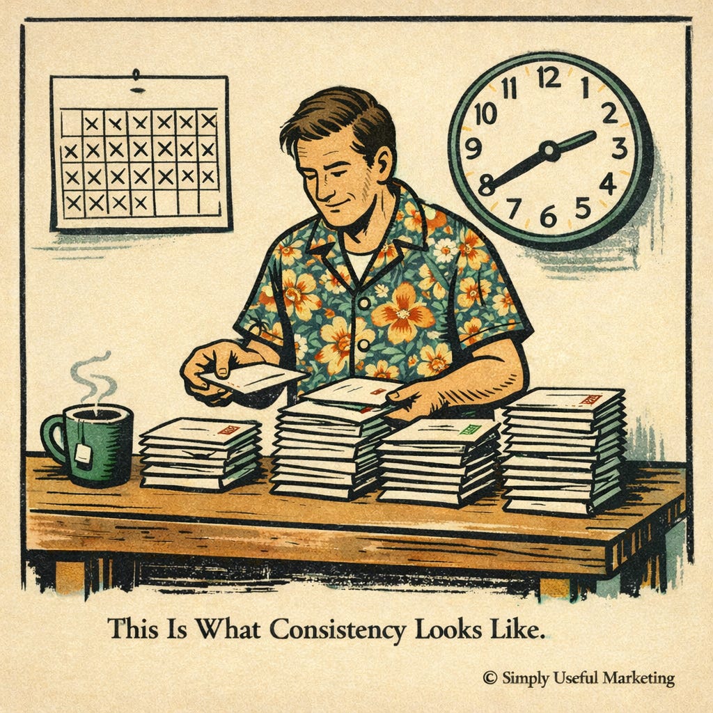 Vintage-style illustration of a person in a floral Hawaiian shirt sorting envelopes into neat stacks on a wooden table; a steaming tea mug sits to the left. A wall calendar behind them is filled with X marks, and a large clock hangs on the wall. Caption text at bottom reads, “This Is What Consistency Looks Like.” © Simply Useful Marketing in the bottom right.