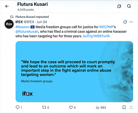 International Pressure, Engineered: Screenshots show a wave of solidarity posts organised by Flutura Kusari and published just as she filed her lawsuit, an apparent strategy to sway Kosovo’s prosecution before any legal assessment was made.
