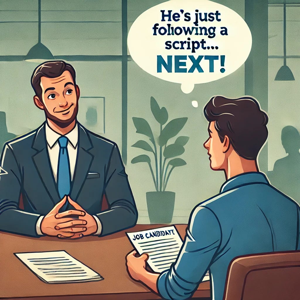 A hiring manager sitting at a desk, listening to a job candidate who is speaking in a rigid, scripted manner. The hiring manager has a thought bubble that reads, 'He’s just following a script… Next!' The setting is a modern office with a professional yet slightly informal atmosphere.