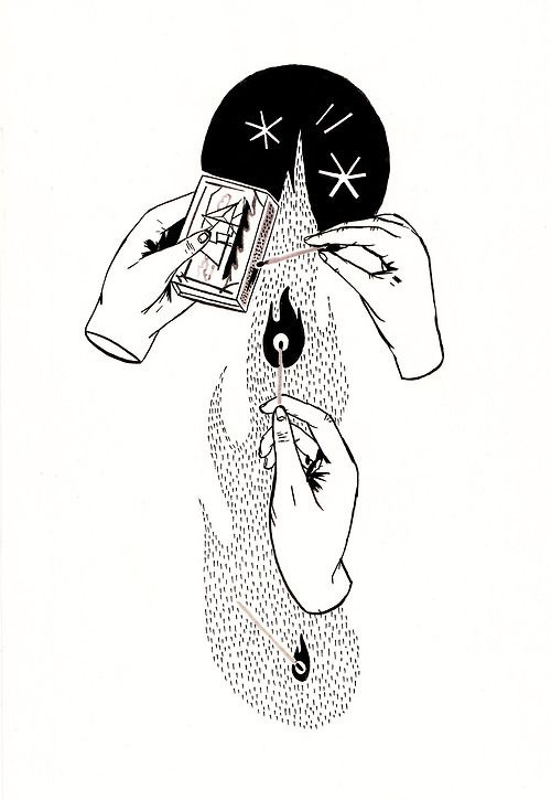 A black and white sketch of three hands in front of a single, long, flame. One hand holds a match box with a sail boat on it. Another hand holds a match that's about to strike against the box. The third hand holds a lit match. Another single lit match falls to the bottom of the larger flame. A black and white sketch of three hands in front of a single, long, flame. One hand holds a match box with a sail boat on it. Another hand holds a match that's about to strike against the box. The third hand holds a lit match. Another single lit match falls to the bottom of the larger flame.