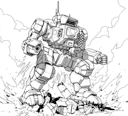 A Highlander battlemech standing on a defeated mech