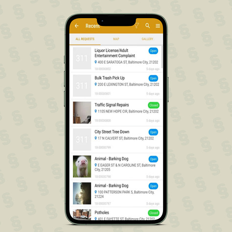 Three screenshots of Baltimore's 3-1-1 iOS Mobile App