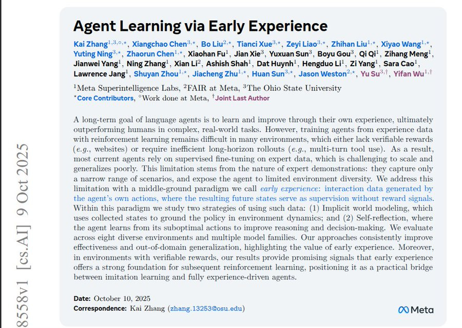 The image displays the title Agent Learning from Early Experience: Towards Scaling up Reinforcement Learning Agents at the top, followed by a list of authors including Xuehai Pan, Lingjie Kong, Shizhe Chen, Zichen Zhang, Yanjie Ze, Ji Liu, Yubo Fan, Yuhan Zhang, Yuheng Zhang, Yifan Zhang, Yiming Yang, Ziyu Wang. Below the authors, it shows Meta AI, Work Lab, FAIR at Meta, The Ohio State University. The main text discusses outperforming humans in complex real-world tasks, training agents from experience data, using current agent rollouts as supervision when rewards are missing, adding an early experience stage between imitation learning and reinforcement learning, where the agent proposes alternative actions and treats next screens as supervision. It defines state as what the agent sees and action as what it does next. It explains implicit world modeling to predict next state from current state and action, building environmental change understanding. Self reflection compares expert and alternative results, explains mistakes, learns rules like budgets and tool use. Across 8 test environments, methods beat plain imitation and handle new settings better. When rewards available, starting RL from checkpoints reaches higher scores. Dated October 10, 2025, correspondence to Xuehai Pan at Meta AI, Menlo Park, CA, USA.