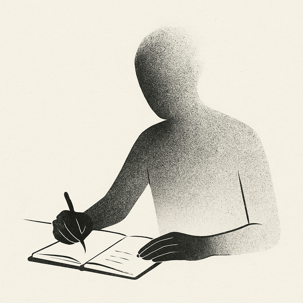 Minimalist illustration of a faceless figure writing in a notebook, with their body fading into a soft cloud-like texture, suggesting impermanence or dissolution of identity.