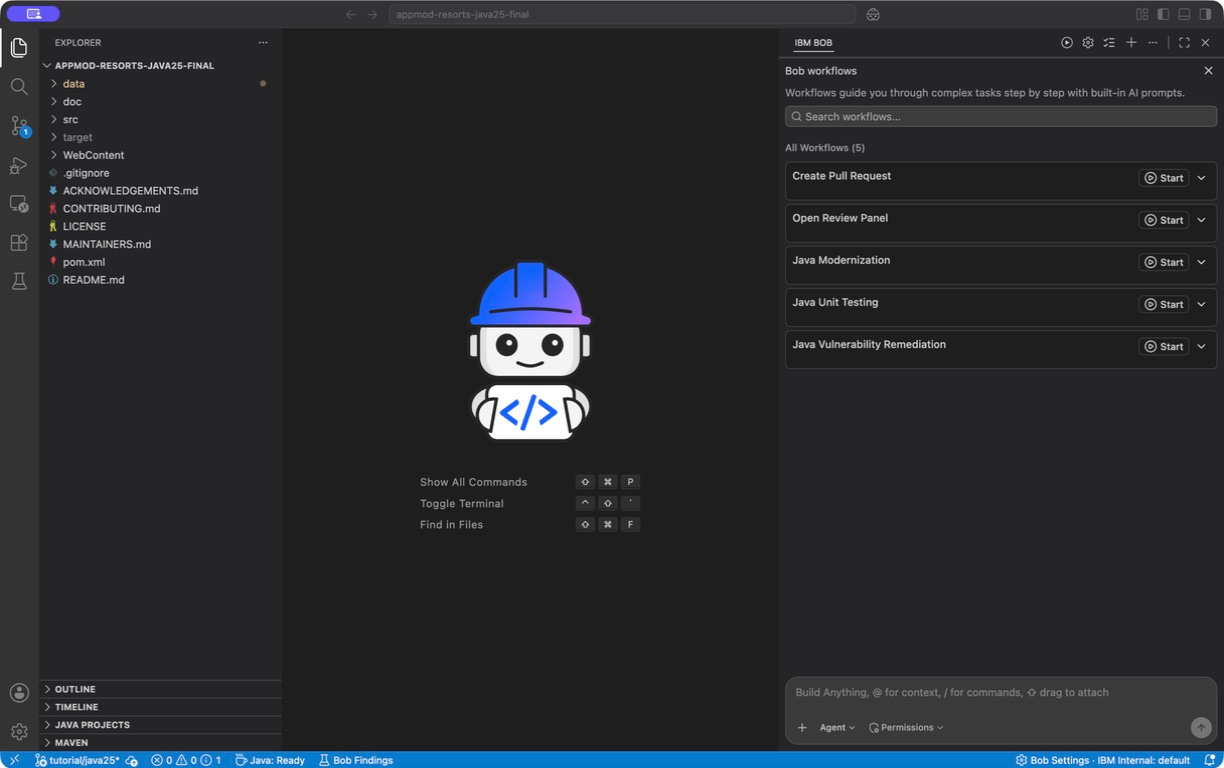 IBM Bob with the sample application open and the workflow picker showing Java Modernization, the starting point for the Java upgrade. IBM Bob with the sample application open and the workflow picker showing Java Modernization, the starting point for the Java upgrade.