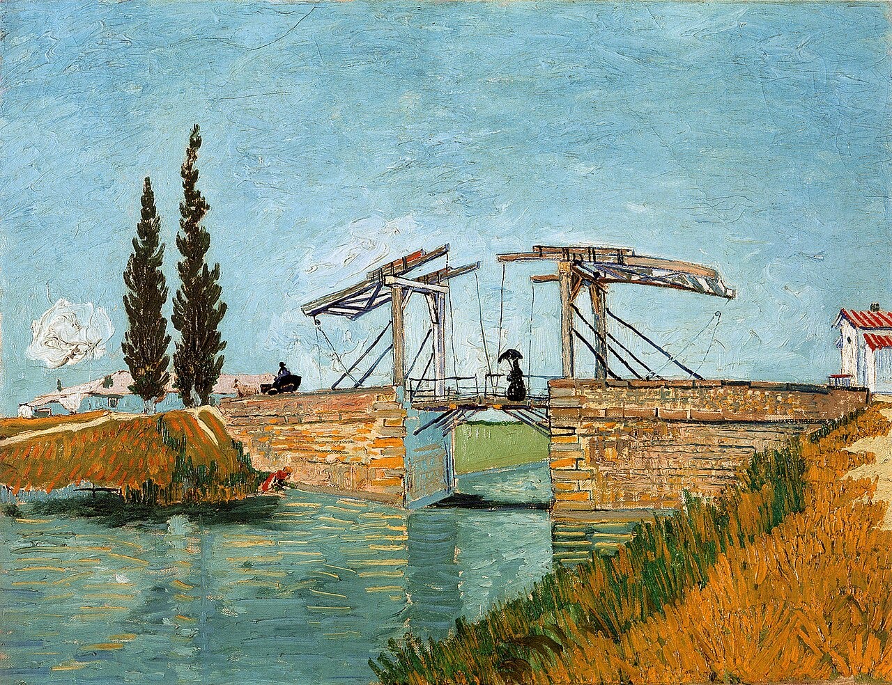 A small drawbridge over a canal in bright southern light, a woman with a parasol nearby A small drawbridge over a canal in bright southern light, a woman with a parasol nearby