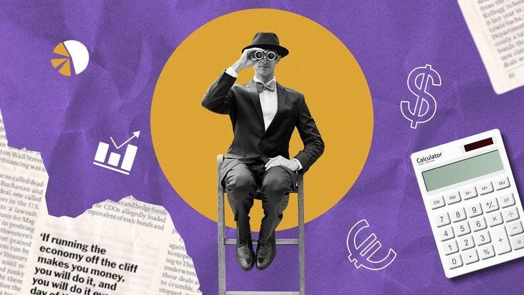 This may contain: a man sitting on top of a chair next to a calculator and money