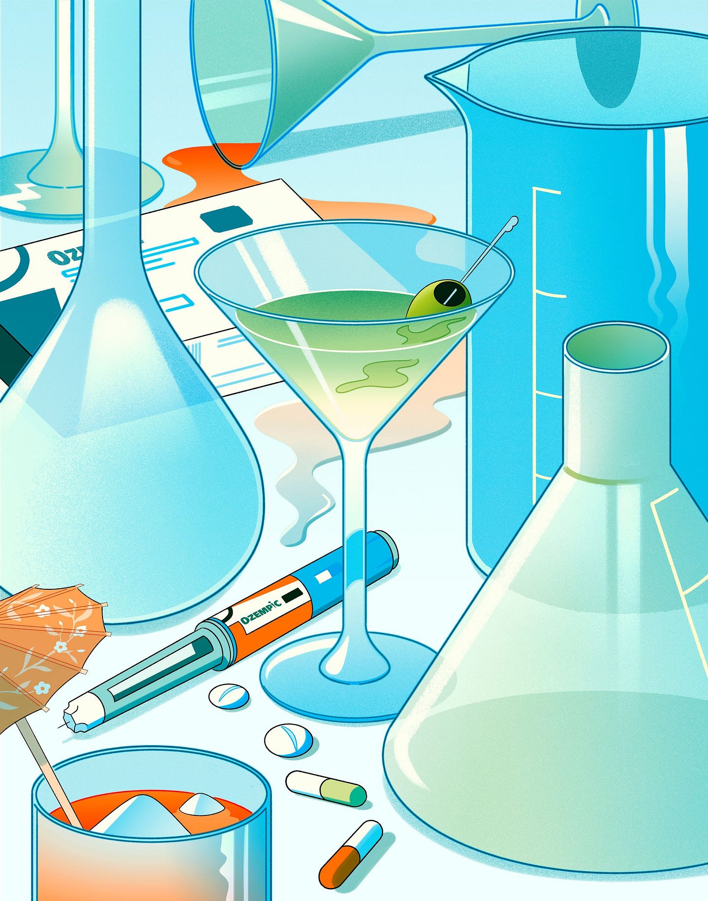 Still life with martini ozempic pen beakers and lab equipment Still life with martini ozempic pen beakers and lab equipment