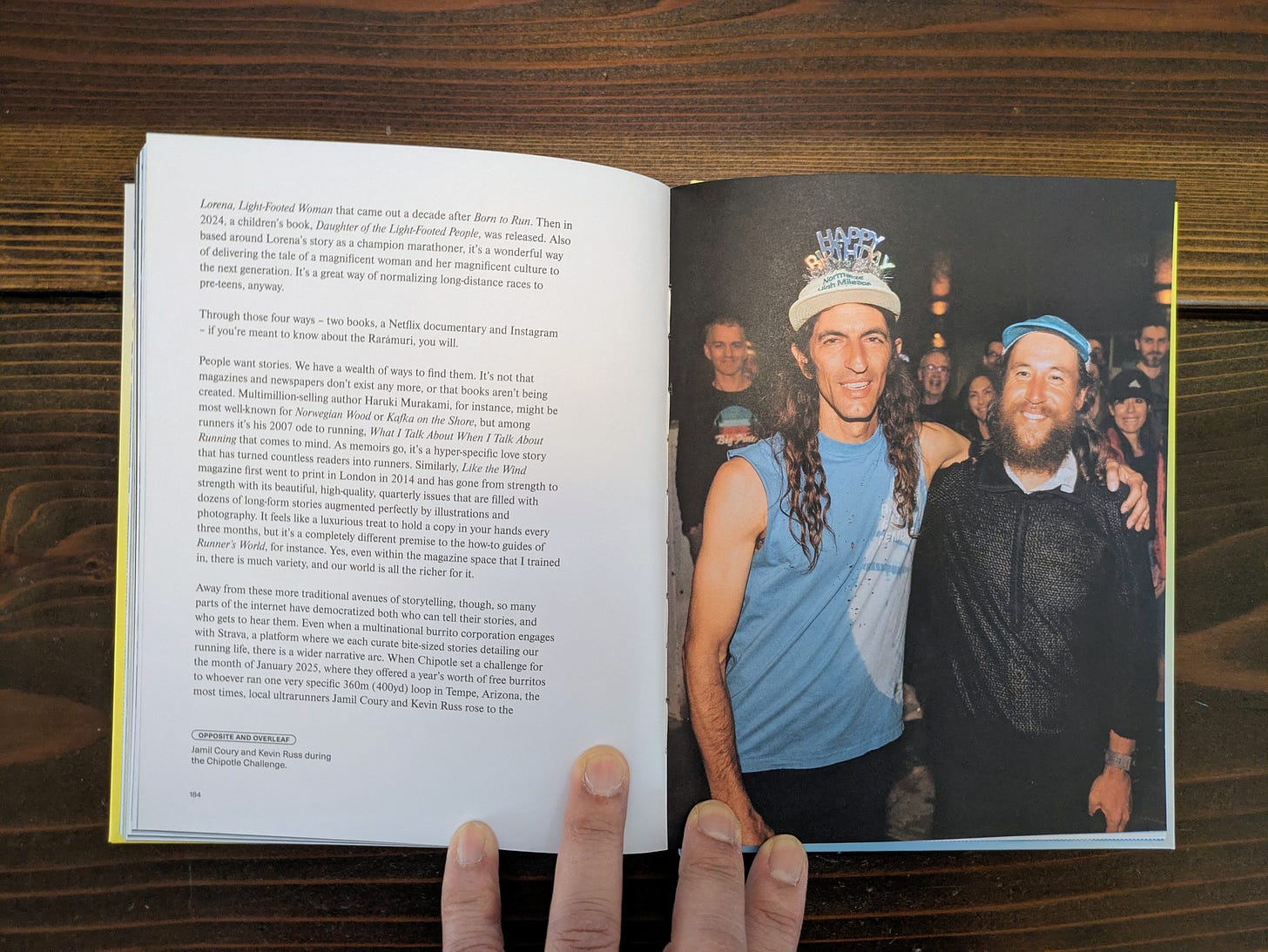P.184-185 of This is Running by Raziq Rauf, featuring a photo of Jamil Coury and Kevin Russ as they completed the Chipotle Challenge on Strava in January 2025 in Tempe, Arizona.