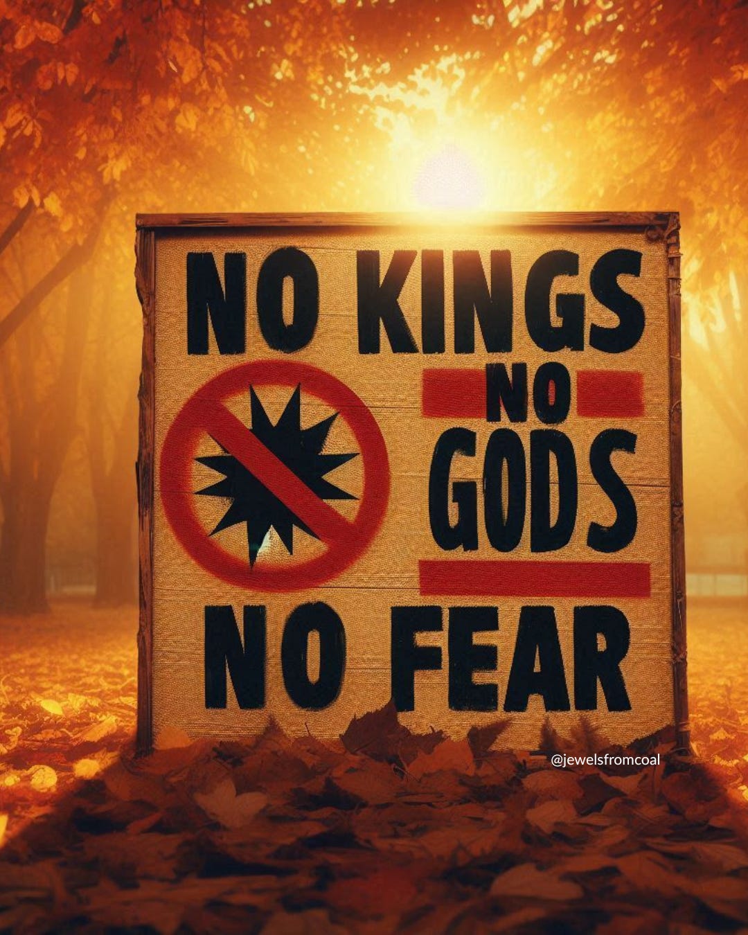 A protest sign reading “No Kings No Gods No Fear” rests upright among autumn leaves, glowing in orange sunlight filtering through tall trees. The scene feels warm, reflective, and powerful in its stillness. A protest sign reading “No Kings No Gods No Fear” rests upright among autumn leaves, glowing in orange sunlight filtering through tall trees. The scene feels warm, reflective, and powerful in its stillness.