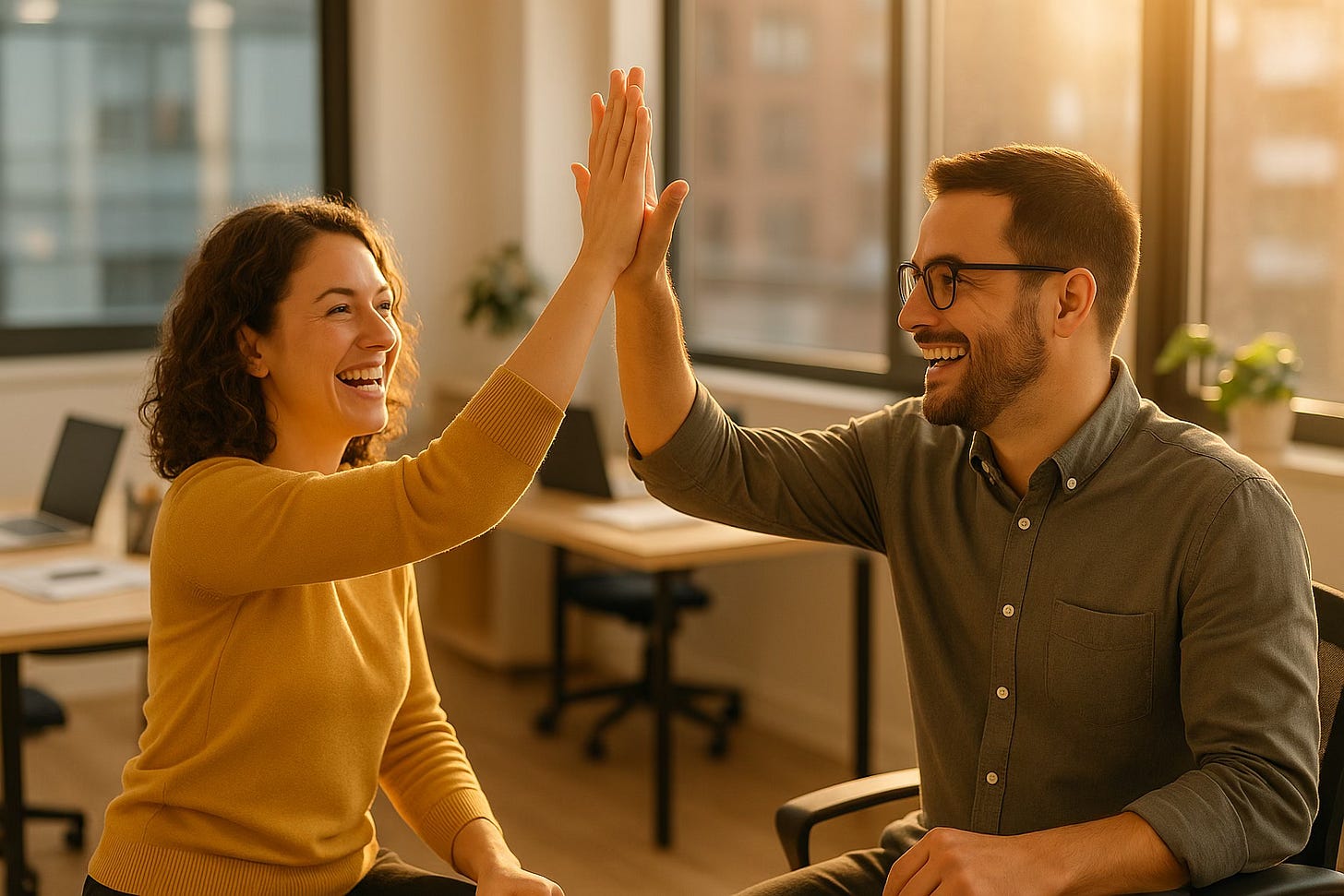 Two coworkers share a joyful high-five in a sunlit office, symbolizing connection and celebration at work.