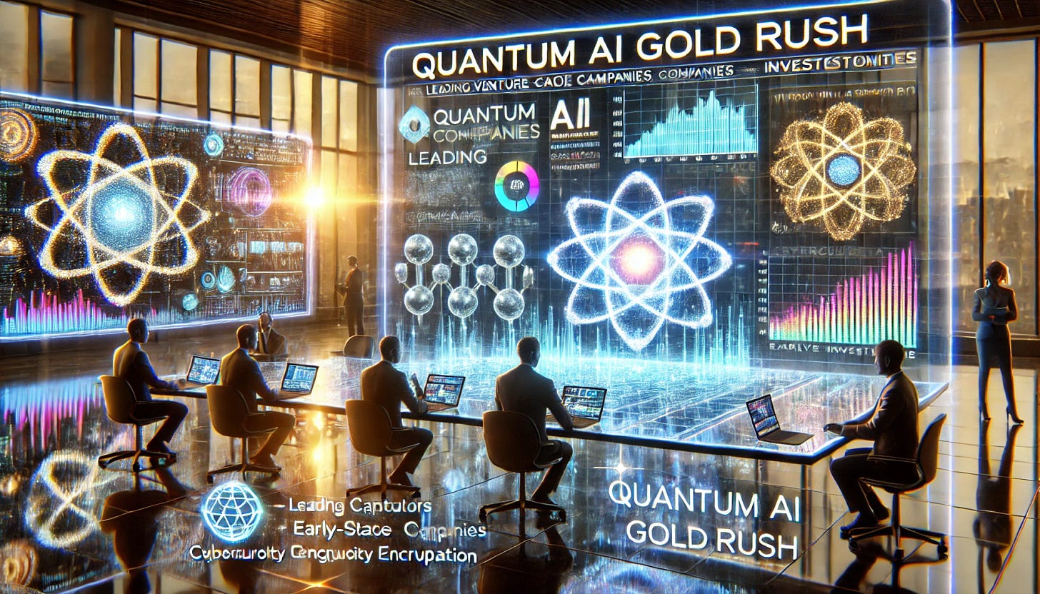 A futuristic investment scene focused on the Quantum AI gold rush. A high-tech financial hub with venture capitalists and angel investors analyzing holographic charts displaying leading Quantum AI companies, early-stage investment opportunities, and market trends. In the background, glowing quantum computers, AI-powered biotech simulations, and cybersecurity encryption models highlight the technology's potential. The setting is sleek, modern, and cutting-edge, illustrating the high-stakes nature of investing in DeepTech.
