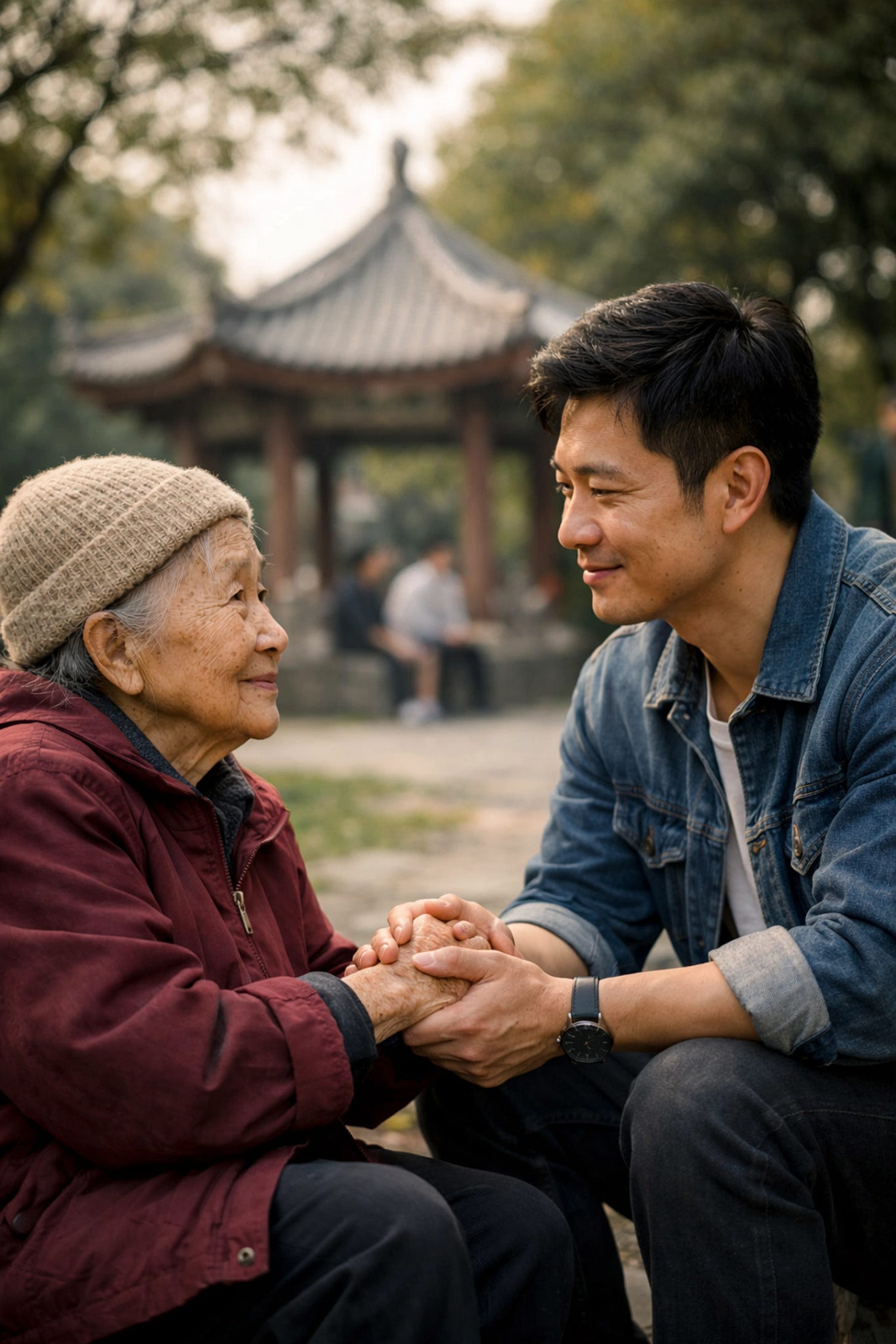 An intergenerational conversation in a Taiwan park reflecting the Catholic concept of human dignity.