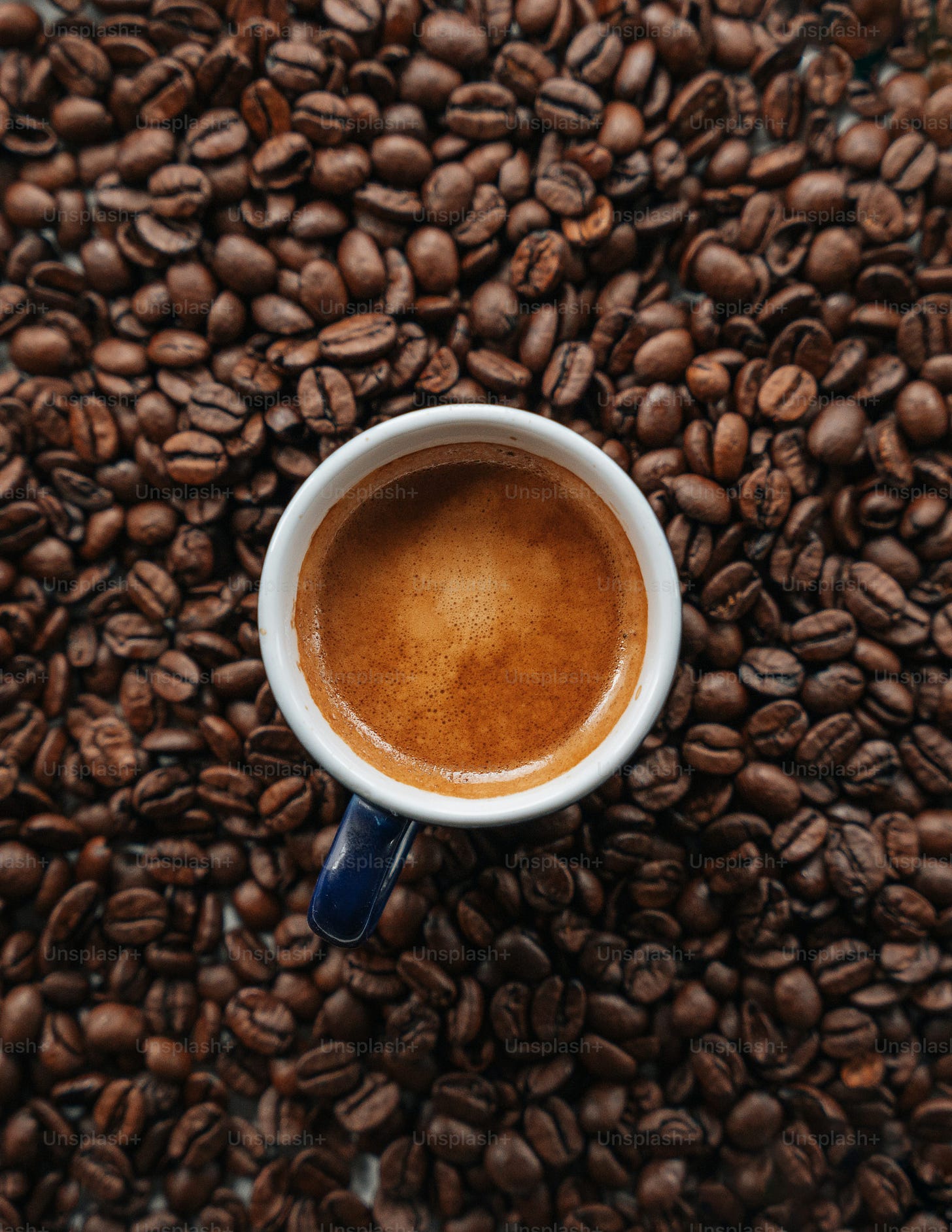 a cup of coffee sitting on top of a pile of coffee beans