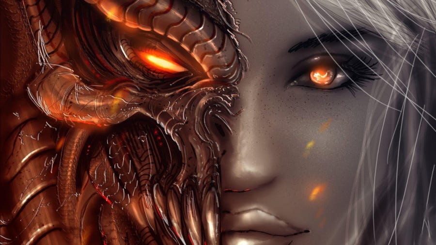 Image left half demon, right half human Image left half demon, right half human
