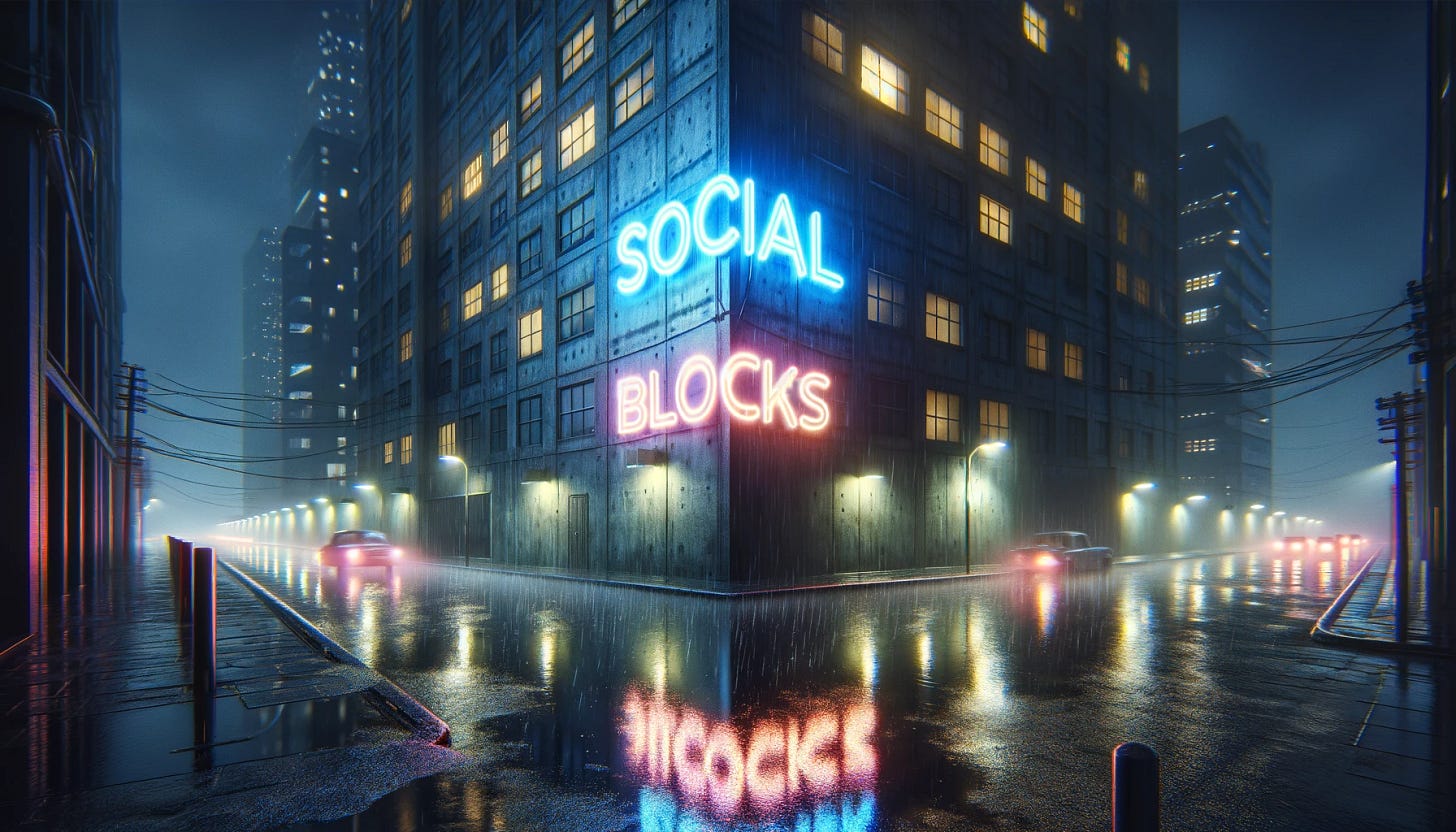 Create a 16:9 image depicting a rainy night scene where a neon sign that reads "Social Blocks" is mounted on the side of a building. The building's texture should resemble concrete, with the neon sign glowing intensely against the wet facade, reflecting in puddles on the ground and illuminating the surrounding night with a moody and atmospheric light. Rain should be visibly streaking down the building's side and the air, adding depth and a sense of realism to the scene. This setting should convey the idea of a bustling city at night, where the concept of 'Social Blocks' is highlighted through the vibrant neon against the urban backdrop.