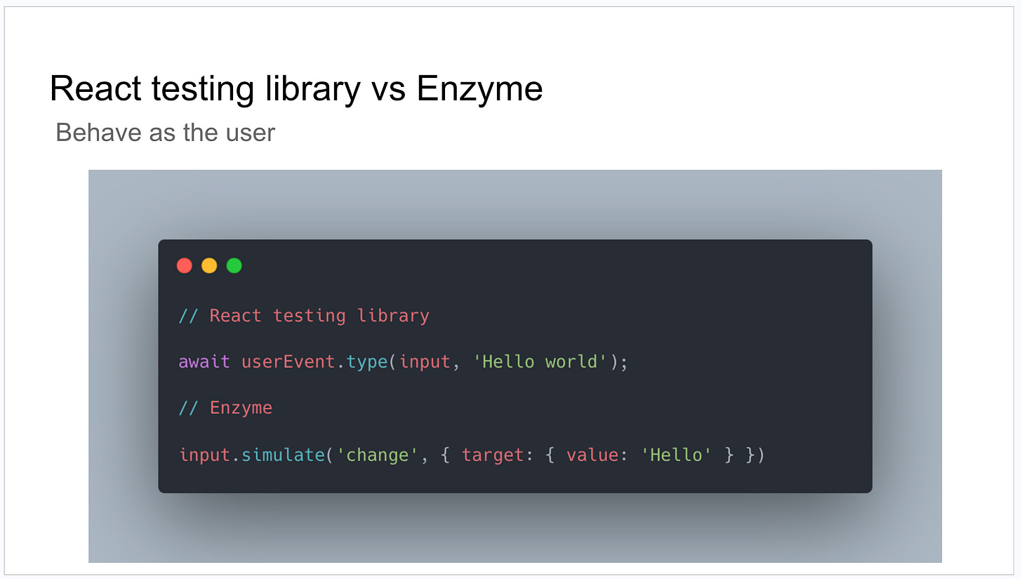 Splitting the "Behave as the user" bullet into its own slide using a code snippet image to explain it