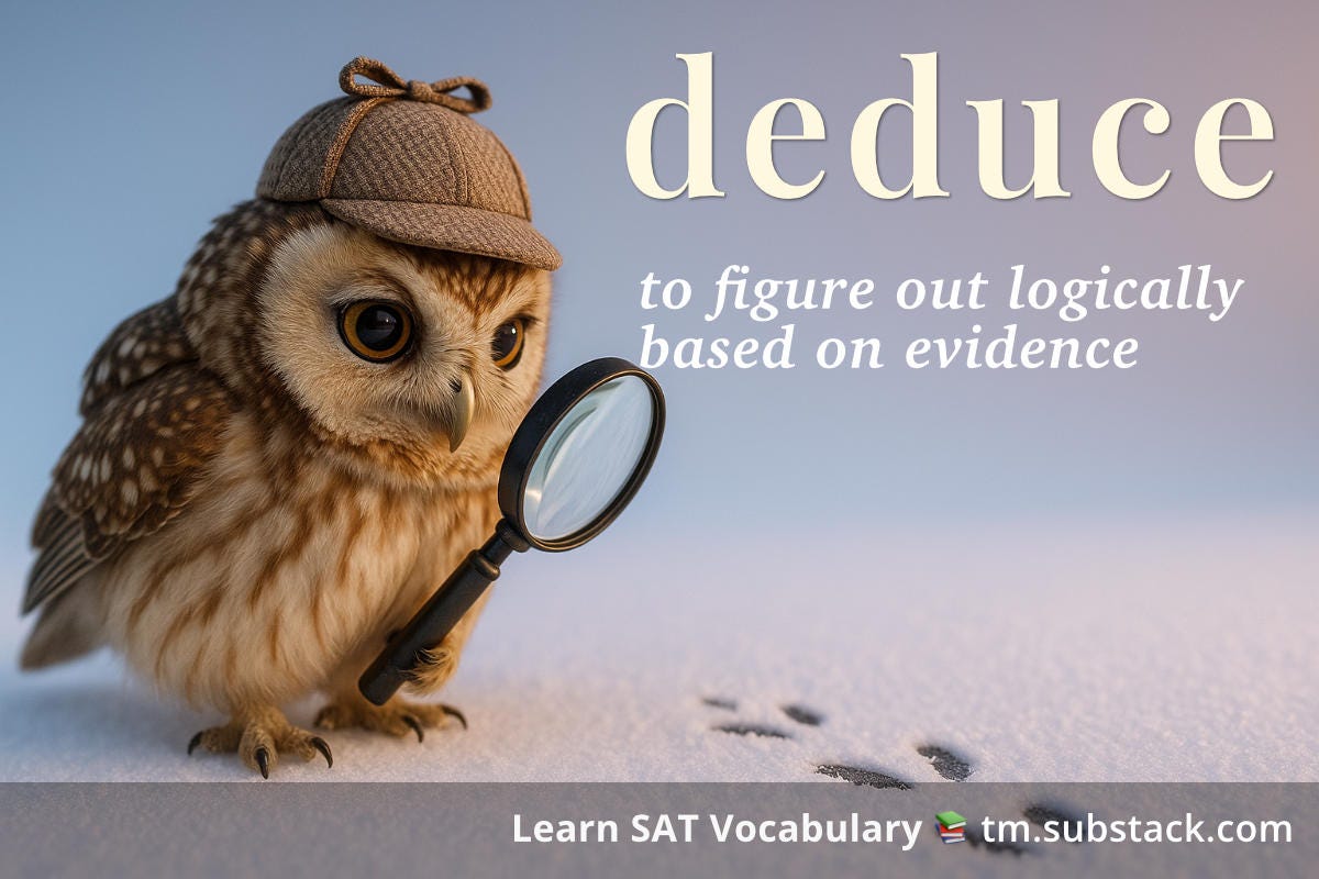 Illustration of an owl detective with magnifying glass examining clues (bird tracks in snow); used to illustrate the SAT word 'deduce'.