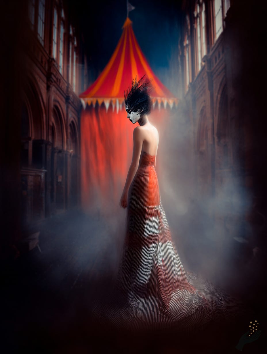 Surreal gothic artwork of a woman in a red and white dress standing in a misty alley with a bright red circus tent glowing behind her.