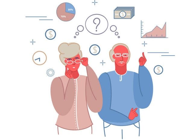 Happy elderly couple planning pension, vector flat illustration. Retirement plan, financial savings concept for web banner, website page etc.