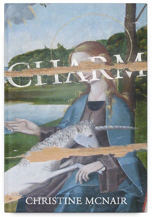 Cover image for Charm, featuring a blue-robed woman with a unicorn in her lap, seated near a lake